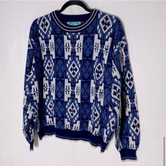 Vintage Botany 500 Blue White Jacquard Crew Neck 80s 90s Dad Sweater L - Picture 12 of 12